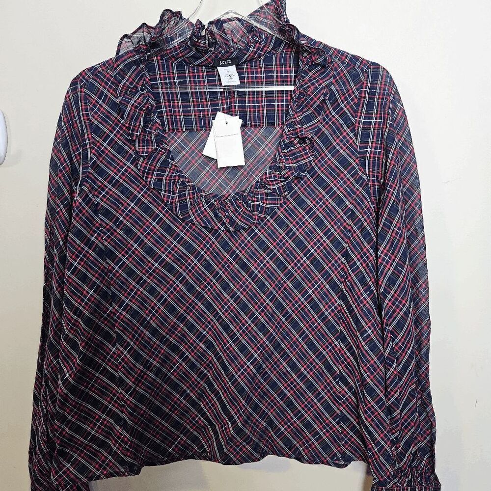 J. Crew Long Sleeve Ruffled Neck Plaid Blouse NWT #89899 Women's Multicolor Size